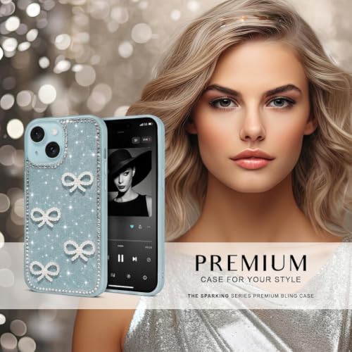 Image of DIZORO Compatible for iPhone 13 / iPhone 14 Cover 6.1, Luxury Diamond Cute with Bow Glitter Bling Case with Full Camera Protection PC+TPU Glossy Shiny Back Cover Case for Girls Women (Green)