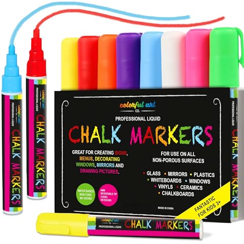 Colorful Art Co. Liquid Chalk Pens - Set of 8 Neon Colors - Washable Chalkboard Markers for School Blackboard, Menu Board, Mirror, Ceramics, Car Window Glass, Easy to Erase