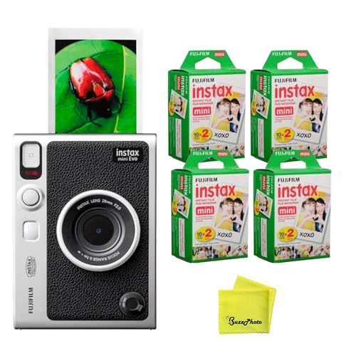 Image of Fujifilm Instax Mini EVO Instant Camera (Black) w /BuzzPhoto Microfiber Cleaning Cloth and 4 Twin Packs Mini Instant Film
