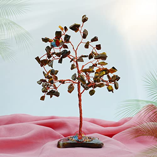 Image of REMEDYWALA Charged Energized Tiger Eye Crystal Tree with Agate Slice Base for Reiki Healing Tiger Eye Stones Crystal Tree 100 Beads