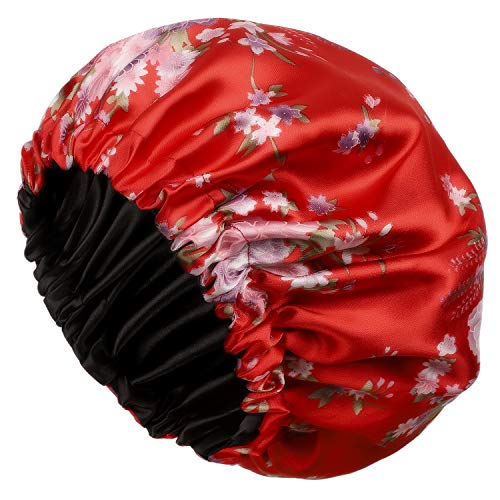 Satin Bonnet Oversized Sleep Cap Flower Printing Makeup Hat Silk Hair Cap Womens Adjustable Nightcap