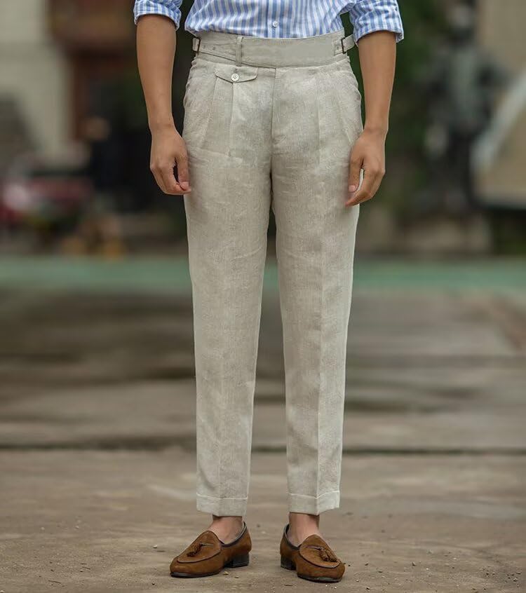 Men’s Linen Dress Pants Vintage Pleat-Front Casual Suit Pants Gurkha Spring Summer Beach Lounge Trouser Long4