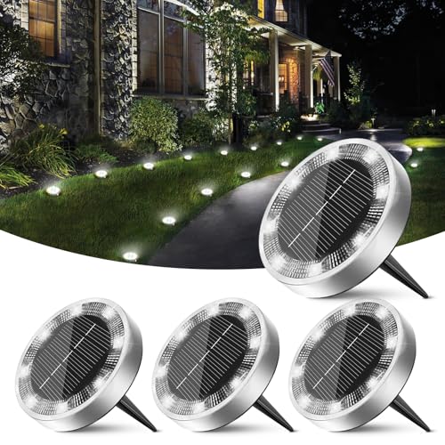 Peasur Mini Solar Ground Lights Outdoor, 4 Pack Flat Solar Powered Disc Lights, IP68 Waterproof, Anti-Rust, Landscape Lighting for Pathway Garden Yard Lawn Walkway Landscape Driveway, Cool White