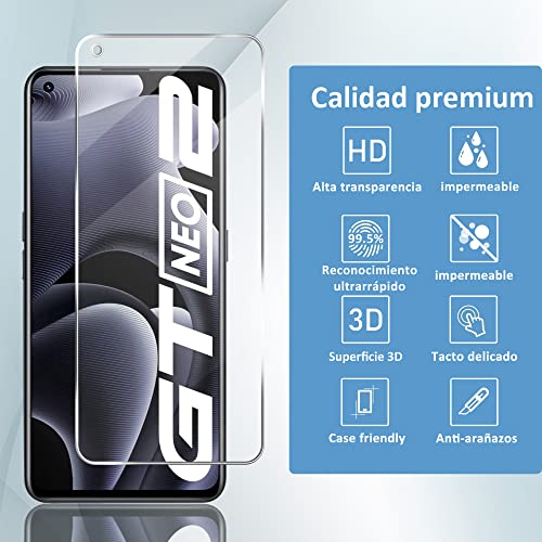 (2+2 piezas) Protector de Pantalla Compatible con Realme GT Neo2 (2 piezas) +Protector de Lente de Cámara (2 piezas), Antiarañazos, Sin Burbujas, Dureza 9H, Cristal Templado para Realme GT Neo2 5G