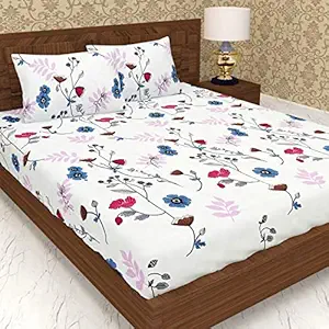 TOPSONS Glace Cotton Stylish Printed Queen Size Double Bed Bedsheet with 2 Pillow Cover (Cream)