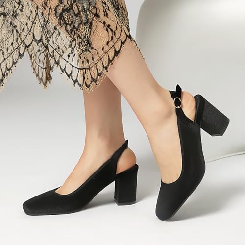 Women's Slingback Chunky Heels 1950s Closed Toe Mary Jane Pumps Shoes Black Green Velvet Buckle Strap Wide Platform Wedding Dress Shoes4