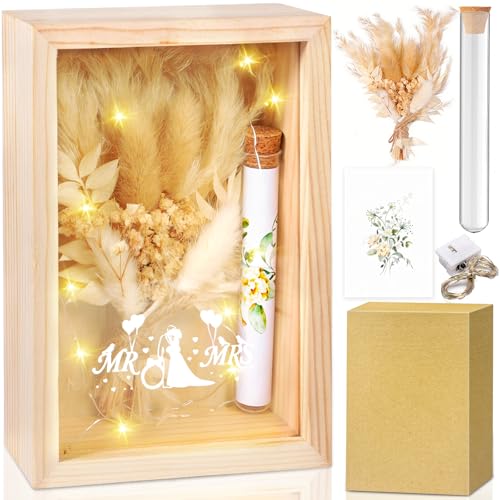 KDISHKRA Caixa de presente de casamento de madeira, presentes de casamento para namorados, aniversário de casamento, presentes de dia dos namorados, inclui flores secas, cartões de felicitações