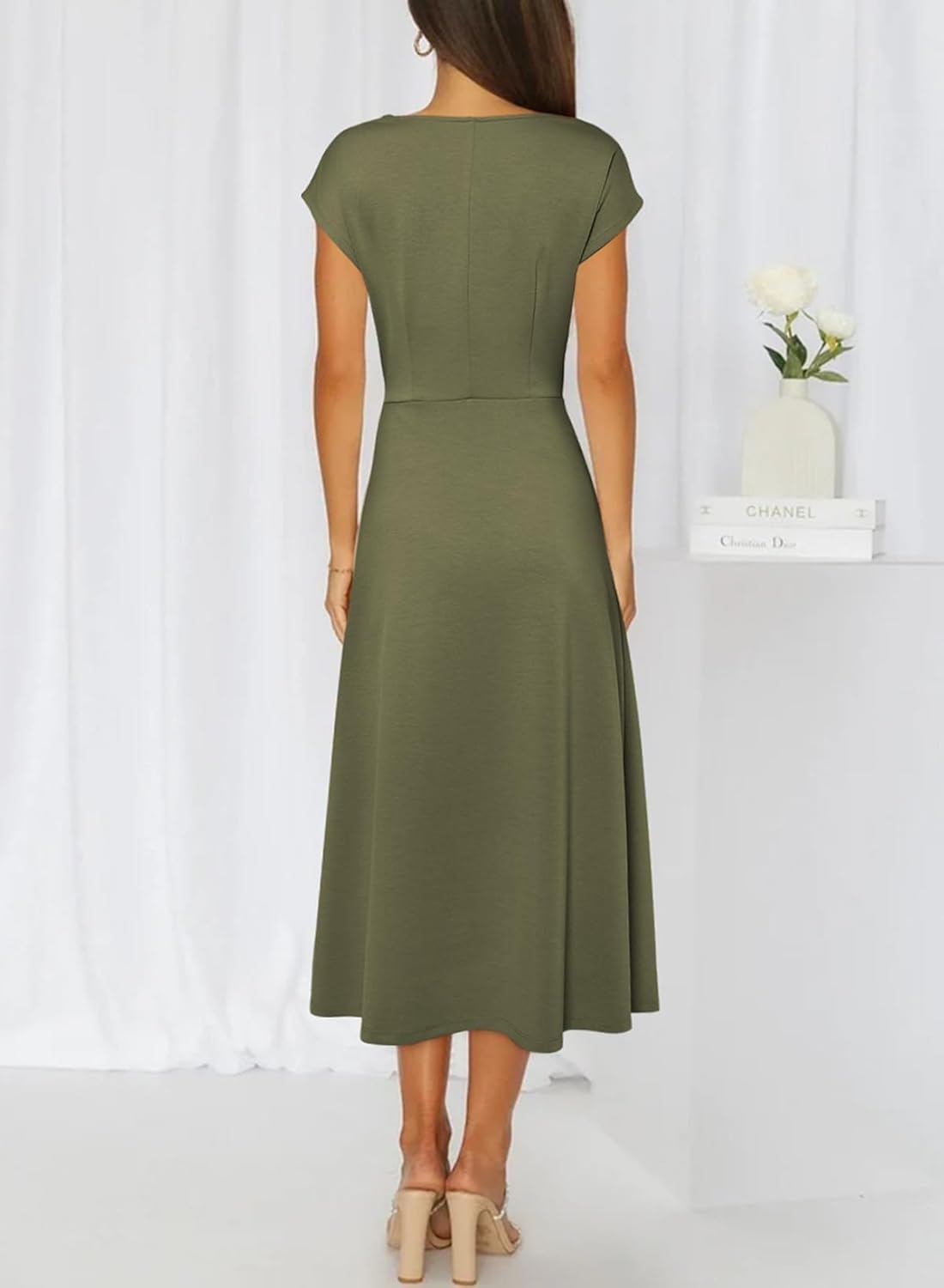 Happy Sailed Women's Spring Summer Short Sleeve Cowl Neck Ruched Waist Flowy A Line Midi Dresses Party Cocktail Dress - Image 2