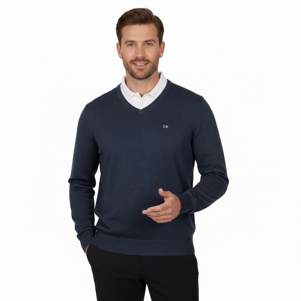 Calvin Klein Herren V-Ausschnitt Soft Cotton Pullover - Marine Marl - L
