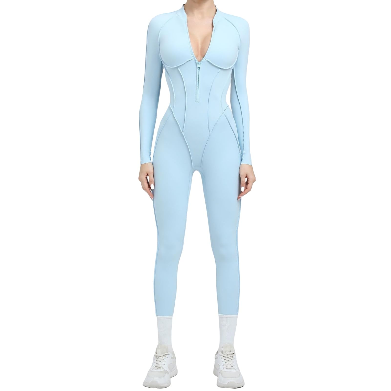 Damen Sport Jumpsuit Lang Eng Yoga Overall Langarm V-Ausschnitt Playsuits Mit Reißverschluss Jogging Strampler Hosenanzug Trainingsanzug