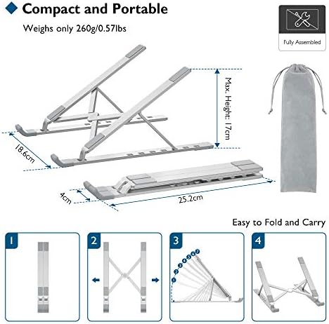 BONTEC Portable Laptop Stands for 10-17.3 inch Laptops Tablet, 7 Levels Height Adjustment Aluminum Laptop Computer Riser, Ventilated Cooling Desktop Laptop Holder Supports up to 20KG