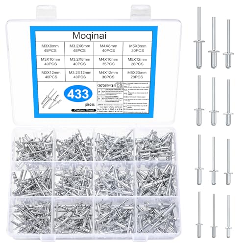 433 Stk Aluminium Blindnieten Set Alu Nieten Popnieten Set(3/3 2/4/5 mm) x (6/8/10/12/20 mm) Pop-Nieten mit Großem Flansch Alu Blindnieten für Blindnietzangen Metall Möbel Holz Marine Schiffsbau