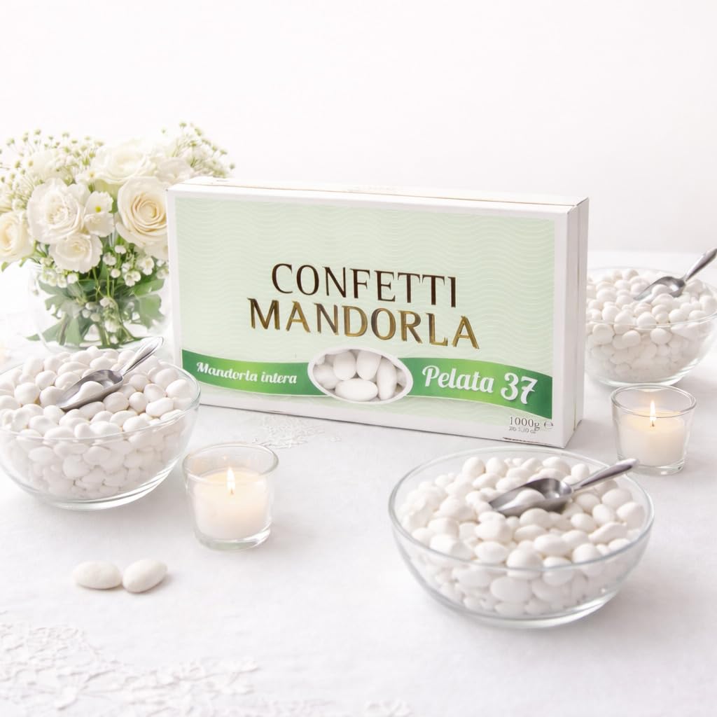 CandyFrizz Confetti Bianchi Sposi alla Mandorla Intera Pelata Calibro 37 – 1 Kg (220/240 Confetti) – Confettata e Bomboniere per Matrimonio, Anniversario, Cerimonie – Senza Glutine (2 Scatole)