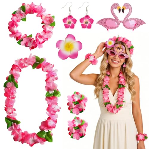 BOARDFEB Hawaii Outfit Damen Set 6 Stück Pink Hawaii Kostüm Damen mit Haarklammer Leis-Halskette Armbändern Ohrringen Sonnenbrillen für Strand Party Karneval Kostüm Tropical Deko Sommer Accessoires
