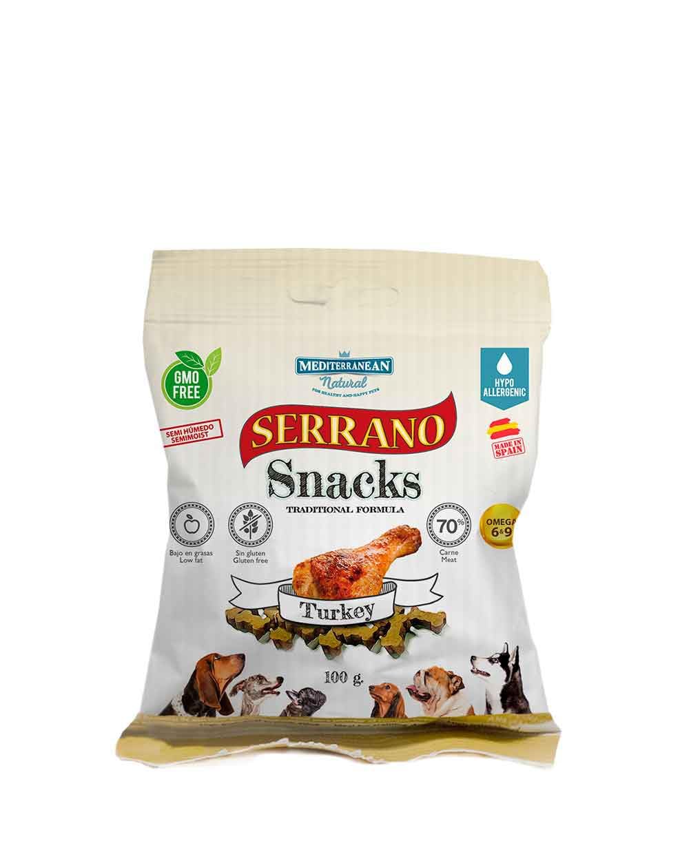Serrano Snacks de MEDITERRANEAN NATURALPARA para Perros 12X100 GR (Pavo, 12x100gr)