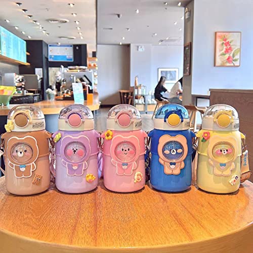 Kawaii Bear Straw Water Bottle With Shoulder Strap, Leak-Proof Stainless Steel Vacuum Bpa Free Cute Insulated Water Bottles And Kawaii Stickers For Girls School Office(Brown) #TOP7