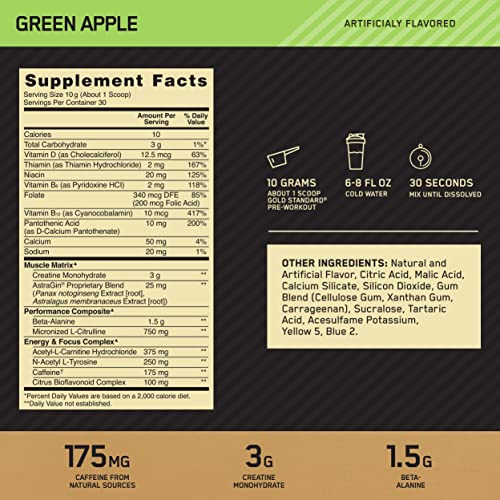 Optimum Nutrition Gold Standard Pre Workout With Creatine, Beta-Alanine, And Caffeine For Energy, Flavor: Green Apple, 30 Servings (Packaging May Vary), Powder #TOP2