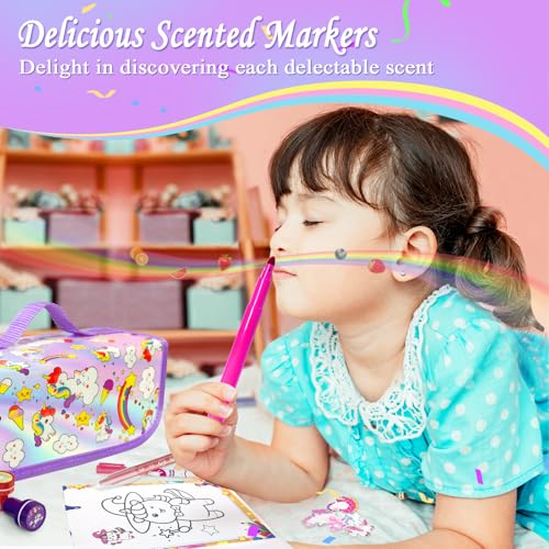 Image of weirtoya 56 PCS Washable Scented Markers with Glitter Pencil Case, Mermaid Unicorn Arts and Crafts for kids 4-6-8 Kids Coloring Drawing Kits for 4-8 Years Old Girls (Purple, 56)