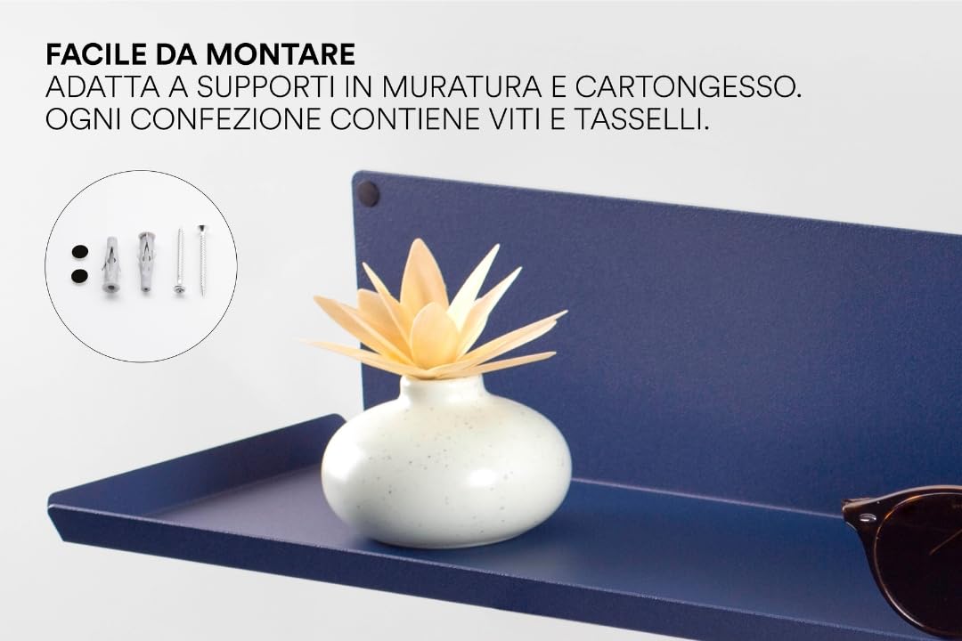 Fly-K | Mensole Da Muro Design | Design Moderno e Minimal | Mensola Adatta a Ufficio, Salotto, Bagno, Libreria da Parete | P15 x L40/62 x H10 cm | 100% Made in Italy (Blu, 62)