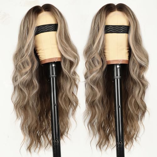 Image of AISI HAIR Ash Blonde Balayage Wig for Women, Long Wavy Lace Hairline Middle Part Synthetic Heat Resistant Wig for Daily Party-26 Inch