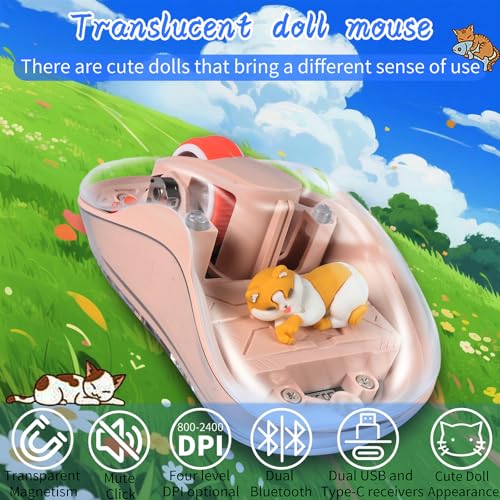Image of Cute Wireless USB C Mouse - Bluetooth Triple Mode Rechargeable Cartoon Mouse for Laptops, iPads & MacBook Air /Pro - Silent Operation, Portable Design, Unique Magnetic Character (Milk tea color)