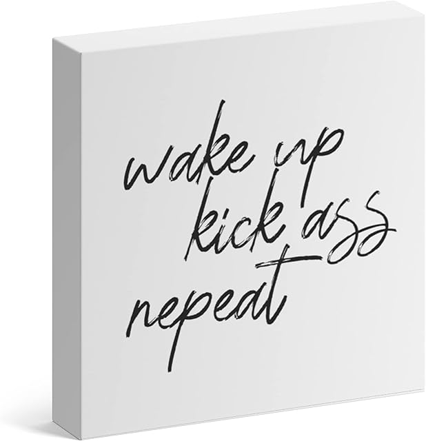 Modern Market 'Wake Up Kick Ass' Wooden Box Sign Motivational Desk Decor, Primitive Decor Office Desk Decorations for Women Office Bathroom Shelf Decor, Inspirational Desk Decor, 8x8