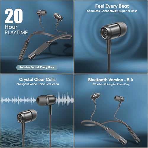 Image of Bluetooth 5.4 Wireless Neckband Headphones, 20-Hour Playtime, Superior Bass with Intelligent Voice Noise Reduction, Crystal Clear Calls & Effortless Pairing, Ergonomic Sports Earbuds (Black)