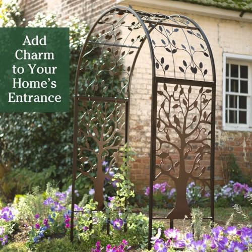 Image of Plow & Hearth Arch Metal Outdoor Garden Arbor | Tree of Life | 83 Inches Tall | Black | Steel Trellis Lattice for Plants & Heavy Vines | Wedding | Outdoor Patio Decor