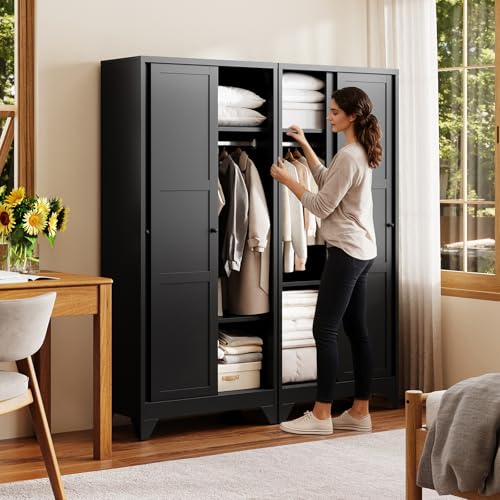 Image of Letaya Armoire Wardrobe Closet,20 inch Deep Armoire Wardrobe Cabinets with Sliding Doors and Shelves,Narrow Slim Coat Closet Cabinet with Hanging Rod for Home(Black)