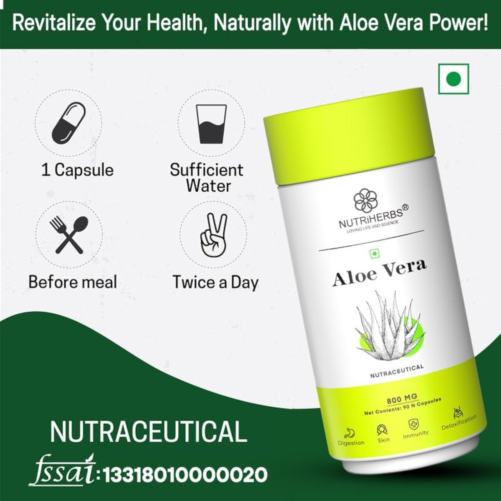 NUTRiHERBS Aloe Vera Capsules, 800mg, 90 Pack