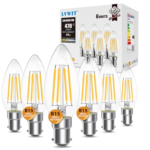 LVWIT 4W C35 Small Bayonet Bulb 40W Incandescent Bulbs Equivalent B15 LED Filament Candle Bulb 470Lm 2700K Warm White Candle B15 Bulbs Small Bayonet 220-240V NO-Dimmable (35MM*97MM/ 6 PCS)