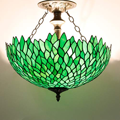 WERFACTORY Tiffany Ceiling Light Fixture Green Wisteria Stained Glass 16 Inch Semi Flush Mount Lamp Decor Island Kitchen Bar Dining Bedroom Entryway Home Office (LED Bulb Included) S523 Series