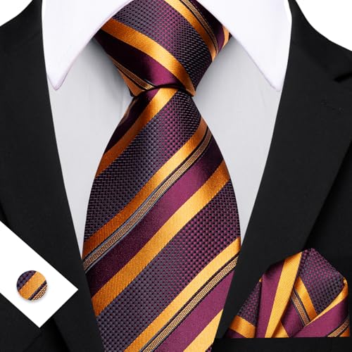 Image of Barry.Wang Man Stripe Ties Set Silk Woven Pocket Square Necktie Cufflinks Formal Party Business