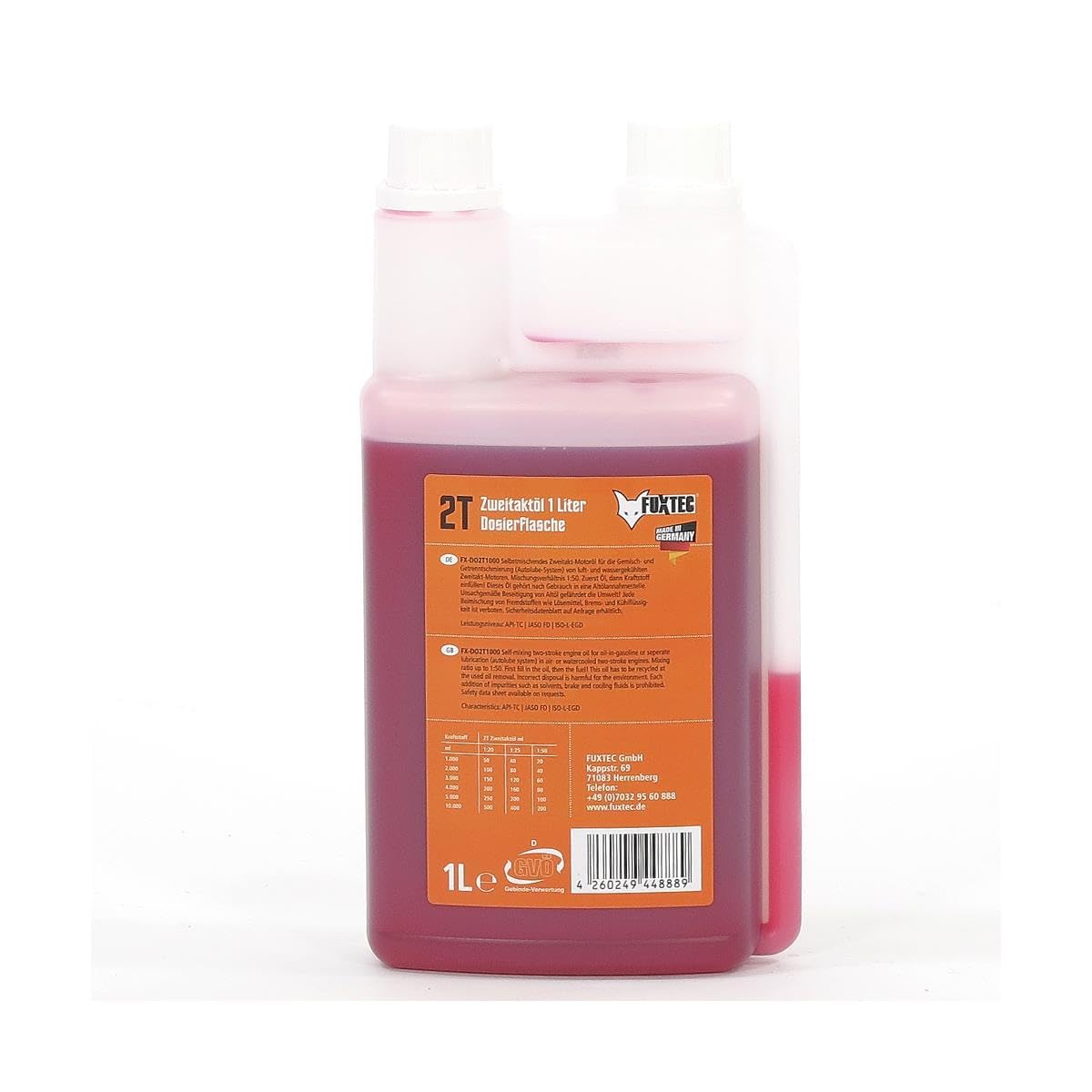 Aceite de 2 tiempos FUXTEC de 1 litro en botella dosificadora, por ejemplo, para desbrozadoras - Made in Germany
