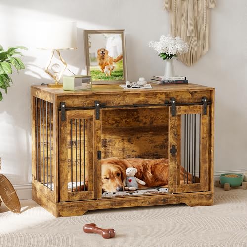 MSFE Hundebox Möbel,Holz-Hundehütte mit Doppelschiebetüren&Seitliches Türschloss,hundekäfig Indoor für Hunde Kleiner, Mittlerer Rassen,Hundehütte aus Mesh,Beistelltisch Hundehaus,105 * 58 * 75.4cm