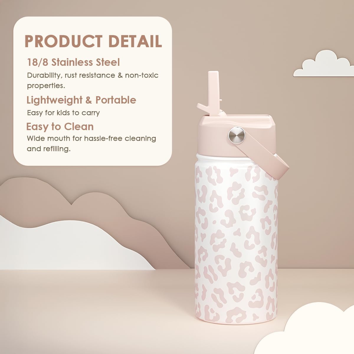 Beige Leopard Print Kids Water Bottle with Straw Lid 12oz Insulated Stainless Steel, Travel Tumbler, Gifts for Girls, Birthday, Christmas, Back to School - Image 2