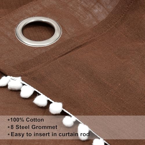 Image of THE LINEN COMPANY Cotton Sheer Grommet Curtains with Side Border Pompom Sheer Curtain for Long Door Linen Textured, Light Filtering, Pack of 2 (Brown, 8 Feet)