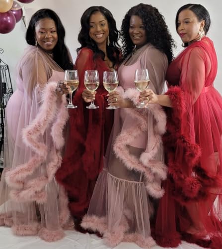 Changuan Sexy Feather Robe Long Fur Tulle Robe Sheer Lingerie Maternity Photoshoot Dress Sleepwear Nightgown Bathrobe2