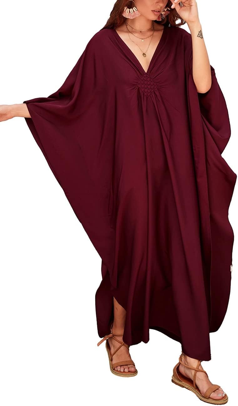 Women Solid Color Cover Up V Neck Batwing Sleeve Plus Size Beach Kaftan Dresses
