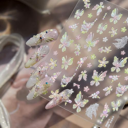 Image of Butterfly Nail Stickers Decals Flower Nail Stickers for Nails Art with Pink Green Ombre Design 5D Embossed Self Adhesive Spring Nails Decals for Women DIY Manicure Supply Decoration Accessories