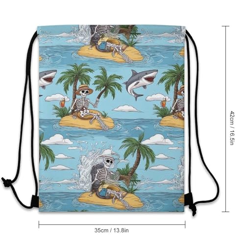 Breathable Drawstring Backpack, Sea Beach Skeleton Palm Tree Shark Unisex Fashion Waterproof Large Capacity Draw String Bag, Reusable Sackpack with Sturdy Cord for Daily Use3