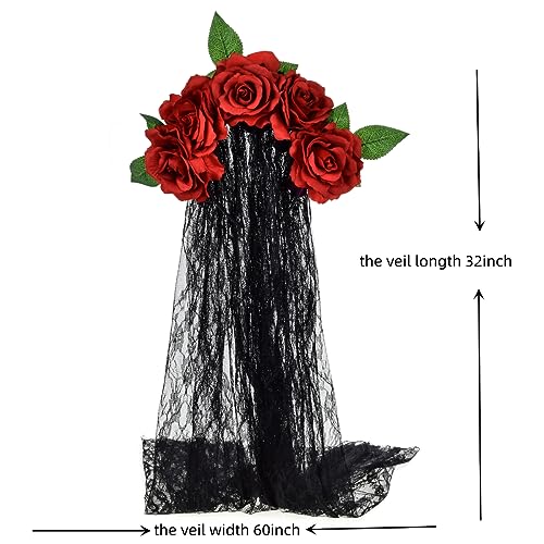 June Bloomy Day of the Dead Headpiece Rose Floral Crown Veil Halloween Costume Mexican Flower Headband(Burgundy) - Thumbnail 6