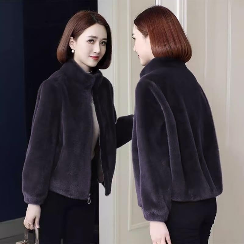 Plush Faux Fur Winter Coat, High Neck, Black, Zip Front Closure4