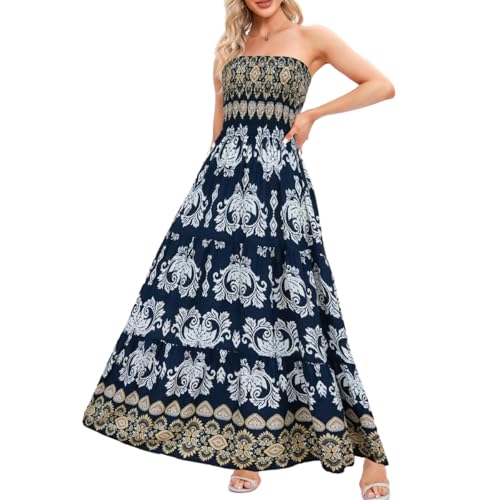Image of Women's Summer Strapless Tube Top Maxi Dresses Off Shoulder Boho Beach Long Dress