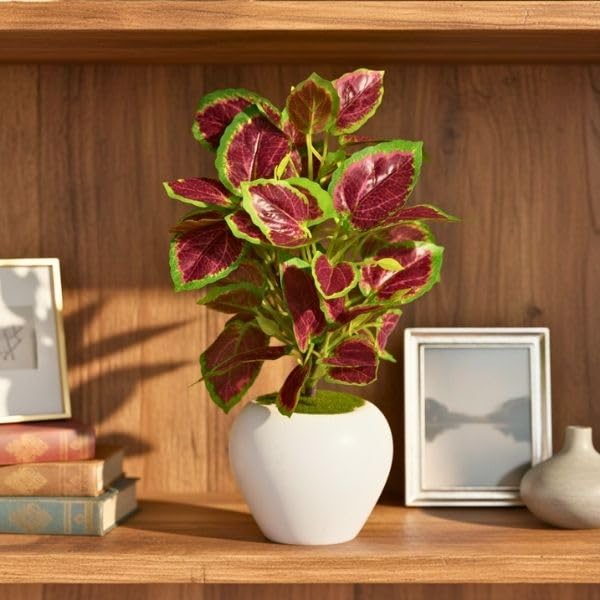 Image of fancymart Artificial Plant Leaves in Apple Pot (30 cm Height) | Small Potted Plant for Office Desk | Home Decor for Living Room | Cafe & Restaurant Table Decoration