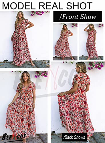BLENCOT Womens Casual Boho Floral Printed V Neck Short Sleeve Long Evening Dress Ruched Cocktail Party Maxi Wedding Dress2