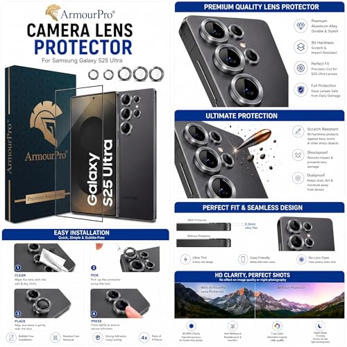 Image of ArmourPro Edge to Edge Tempered Glass for Samsung Galaxy S25 Ultra with Silver Camera Ring Guard, 9H Screen Protector, Anti-Scratch, Anti-Fingerprint, Bubble-Free Installation Kit