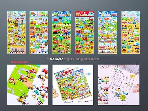 Image of Cots and Cuddles 3D Puffy Stickers for Kids | 240+ Cars, Trucks, Trains & Airplanes | Reusable Vehicle Sticker Sheet for Scrapbook, Craft, Rewards & Fun Learning (1 Sheet)