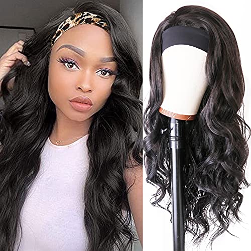 HILYN Headband Wig No Lace Natural Wigs For Women 24 Inches Long Loose Wave Wavy Curly Full Machine Made Wig Synthetic Fiber Black Hair Glueless Wig