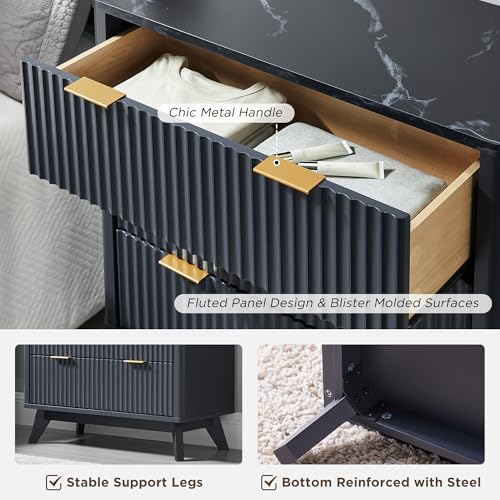 Image of T4TREAM Fluted 3 Drawer Dresser, 32 inch Tall Modern Chest of Drawers with Faux Marble Top, Curved Profile Design, Wood Drawer Organizer for Bedroom, Living Room, Hallway, Entryway, Dark Grey
